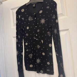 Lucky Brand Black Long Sleeve Henley with Pattern
